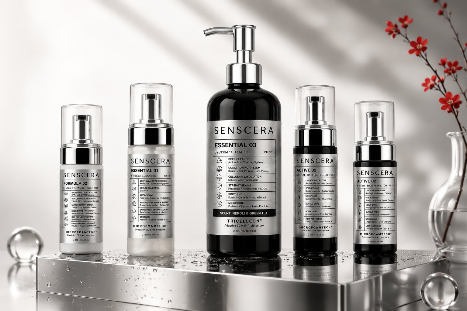 SENSCERA skincare and haircare product lineup